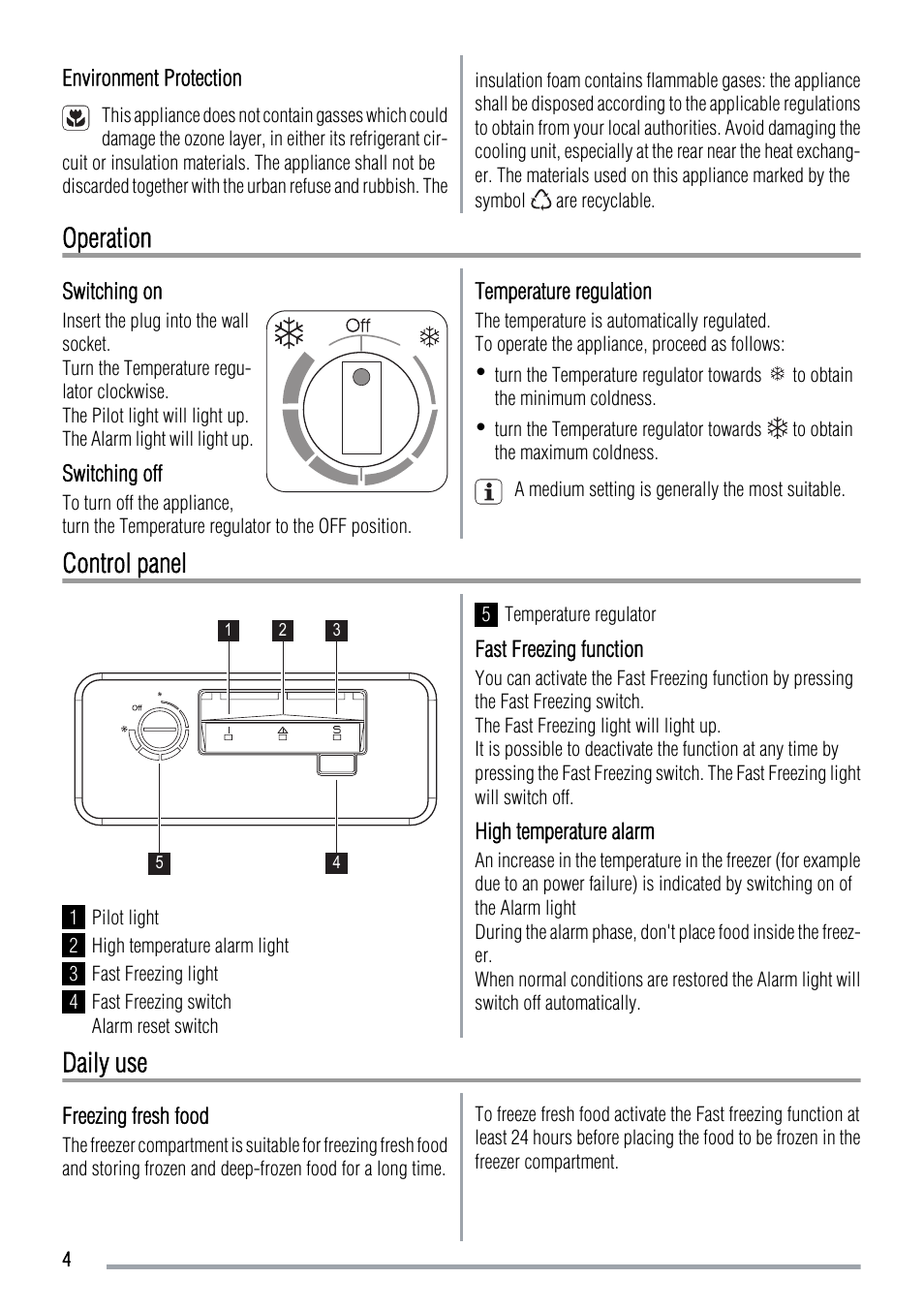 Operation, Control panel, Daily use | Zanussi ZFC639WAP  EN User Manual | Page 4 / 8