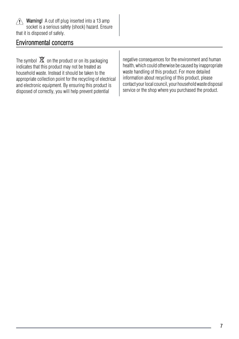 Environmental concerns | Zanussi ZFC639WAP  EN User Manual | Page 7 / 8