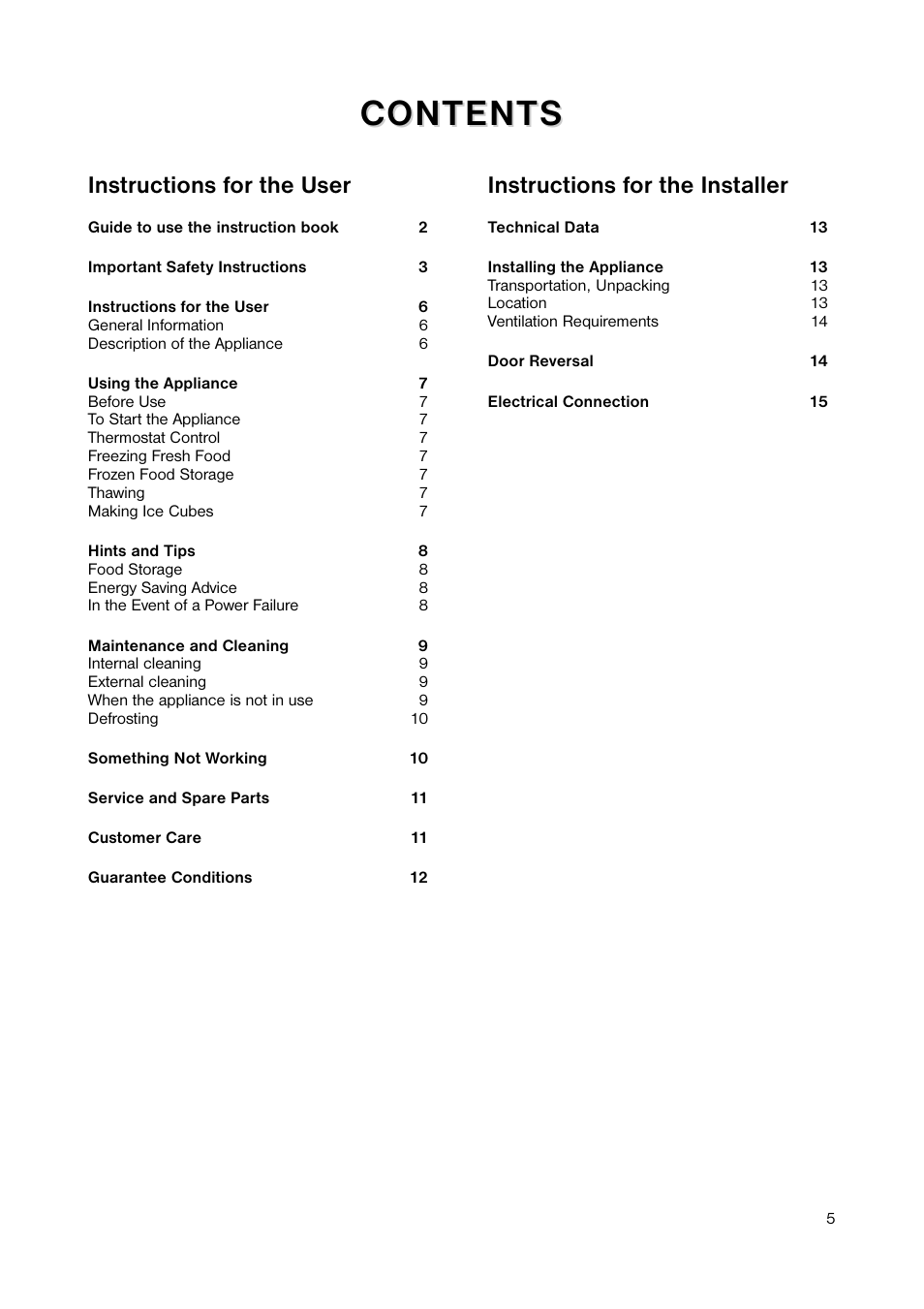 Content ontent s s, Instructions for the user, Instructions for the installer | Zanussi ZUC 053W User Manual | Page 5 / 16