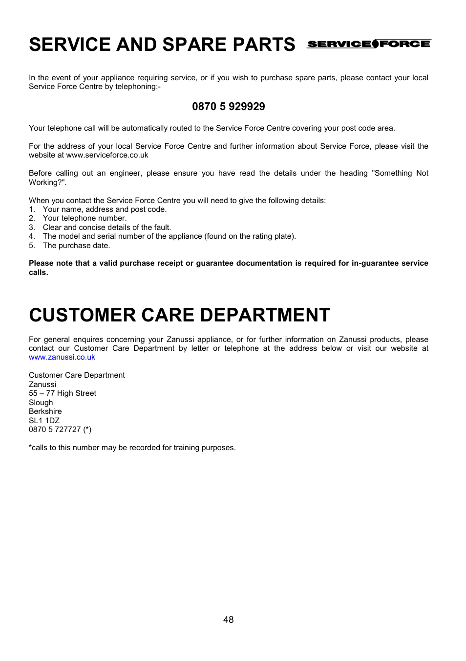 Service and spare parts, Customer care department | Zanussi ZHQ 575 User Manual | Page 48 / 60