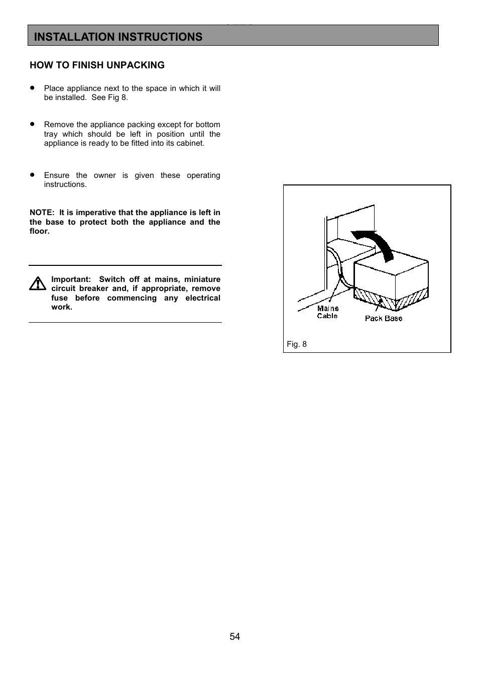 Installation instructions | Zanussi ZHQ 575 User Manual | Page 54 / 60