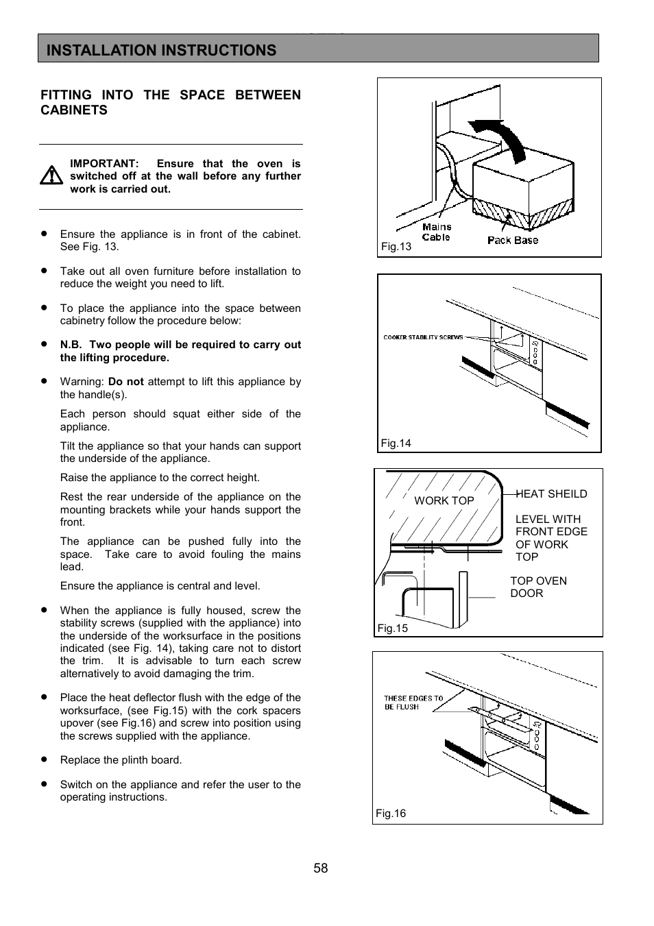 Installation instructions | Zanussi ZHQ 575 User Manual | Page 58 / 60