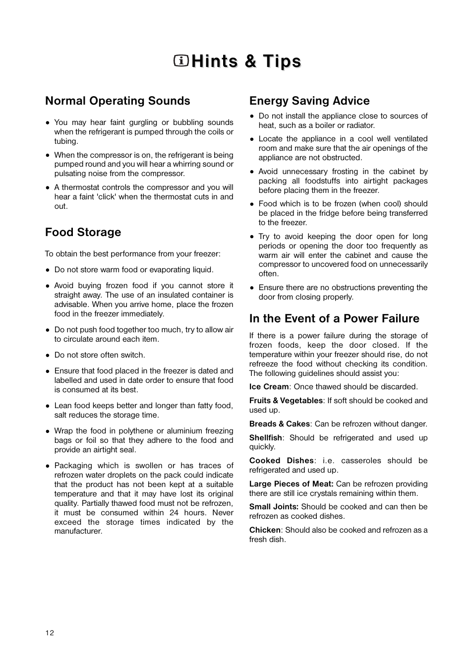 Hints & t, Hints & t ips ips, Normal operating sounds | Food storage, Energy saving advice | Zanussi ZNB 404 S User Manual | Page 12 / 24