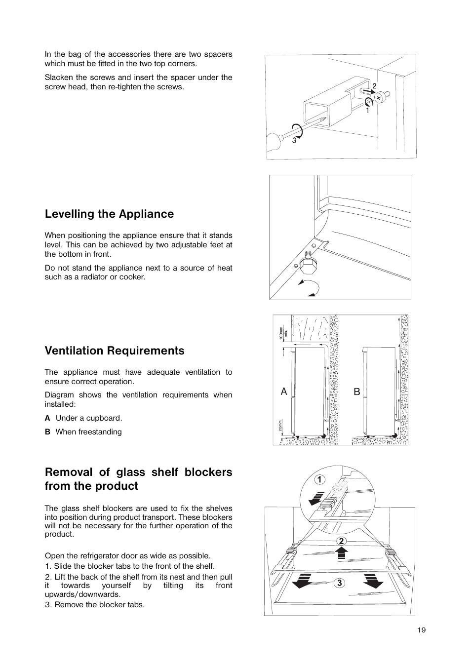 Levelling the appliance, Ventilation requirements, Removal of glass shelf blockers from the product | Zanussi ZNB 404 S User Manual | Page 19 / 24