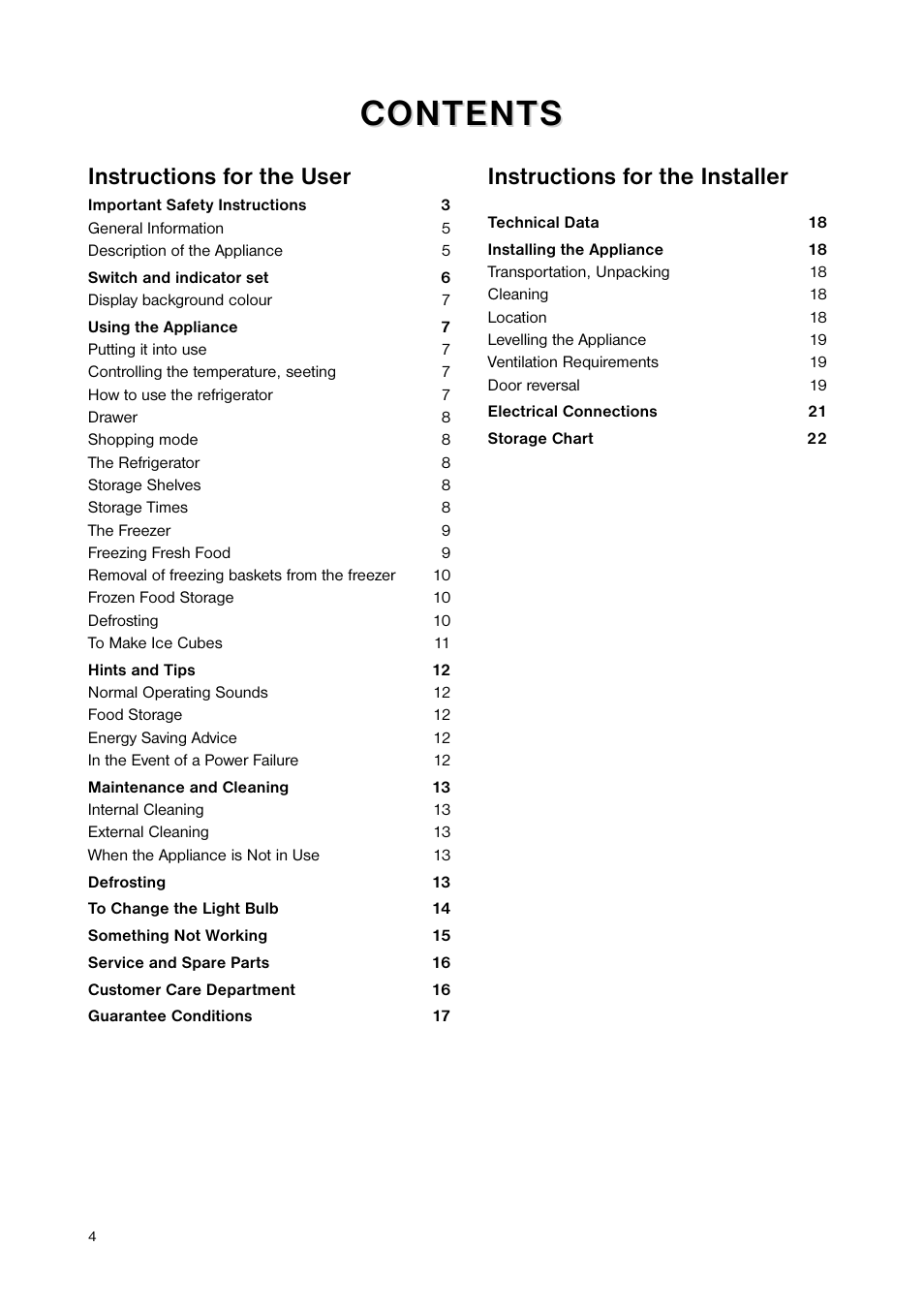Content ontent s s, Instructions for the user, Instructions for the installer | Zanussi ZNB 404 S User Manual | Page 4 / 24