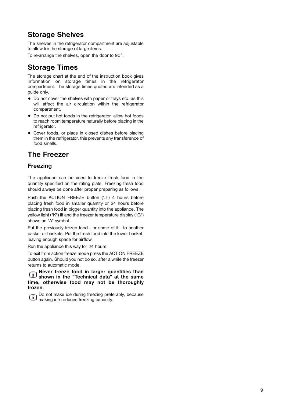 Storage shelves, Storage times, The freezer | Zanussi ZNB 404 S User Manual | Page 9 / 24