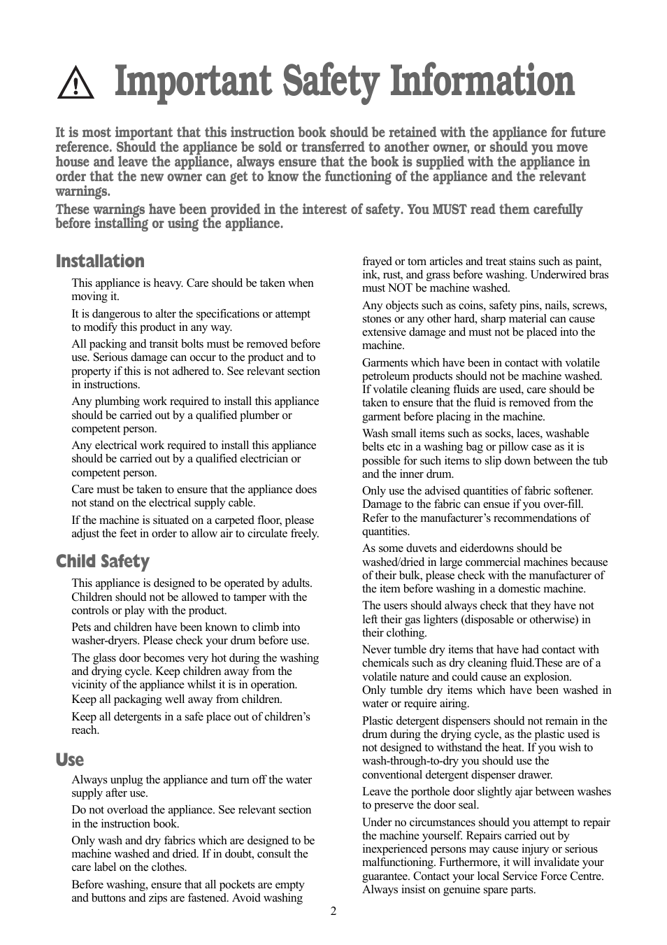 Important safety information, Installation, Child safety | Zanussi ZWD 1251 W User Manual | Page 2 / 30