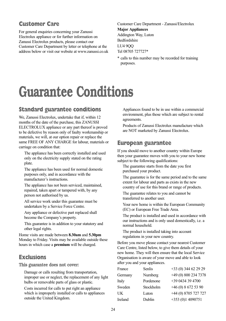 Guarantee conditions, Standard guarantee conditions, Exclusions | European guarantee, Customer care | Zanussi ZWD 1251 W User Manual | Page 24 / 30