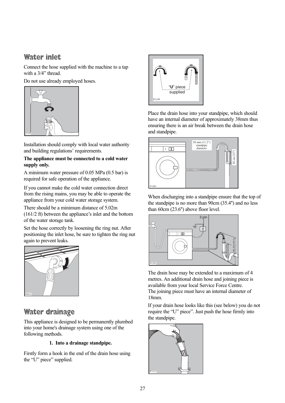 Water inlet, Water drainage | Zanussi ZWD 1251 W User Manual | Page 27 / 30