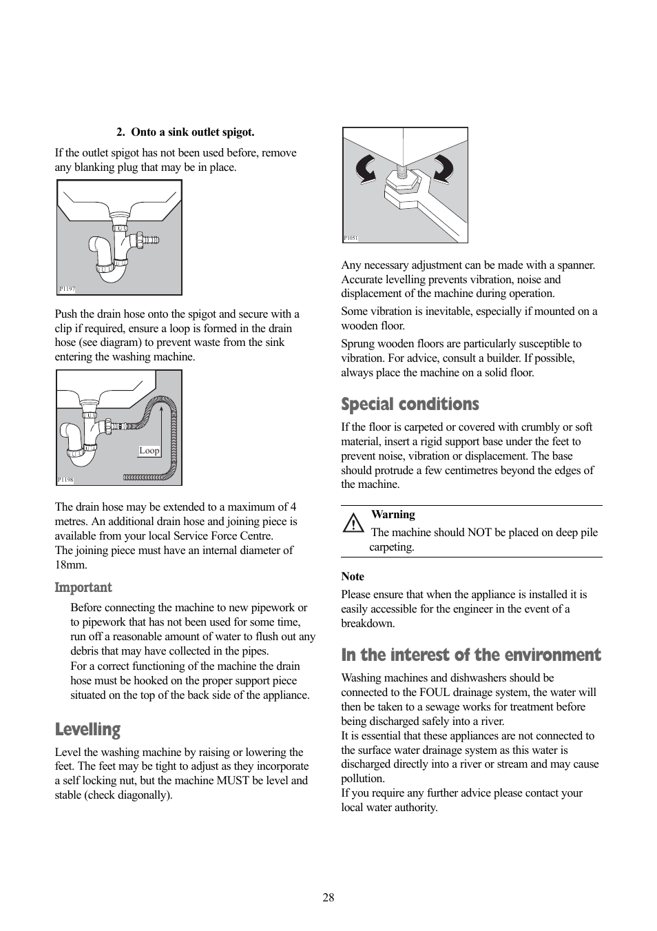 Levelling, Special conditions, Important | Zanussi ZWD 1251 W User Manual | Page 28 / 30