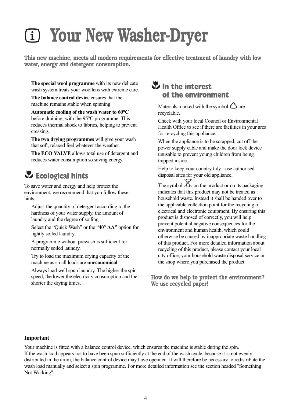 Your new washer-dryer, Ecological hints | Zanussi ZWD 1251 W User Manual | Page 4 / 30