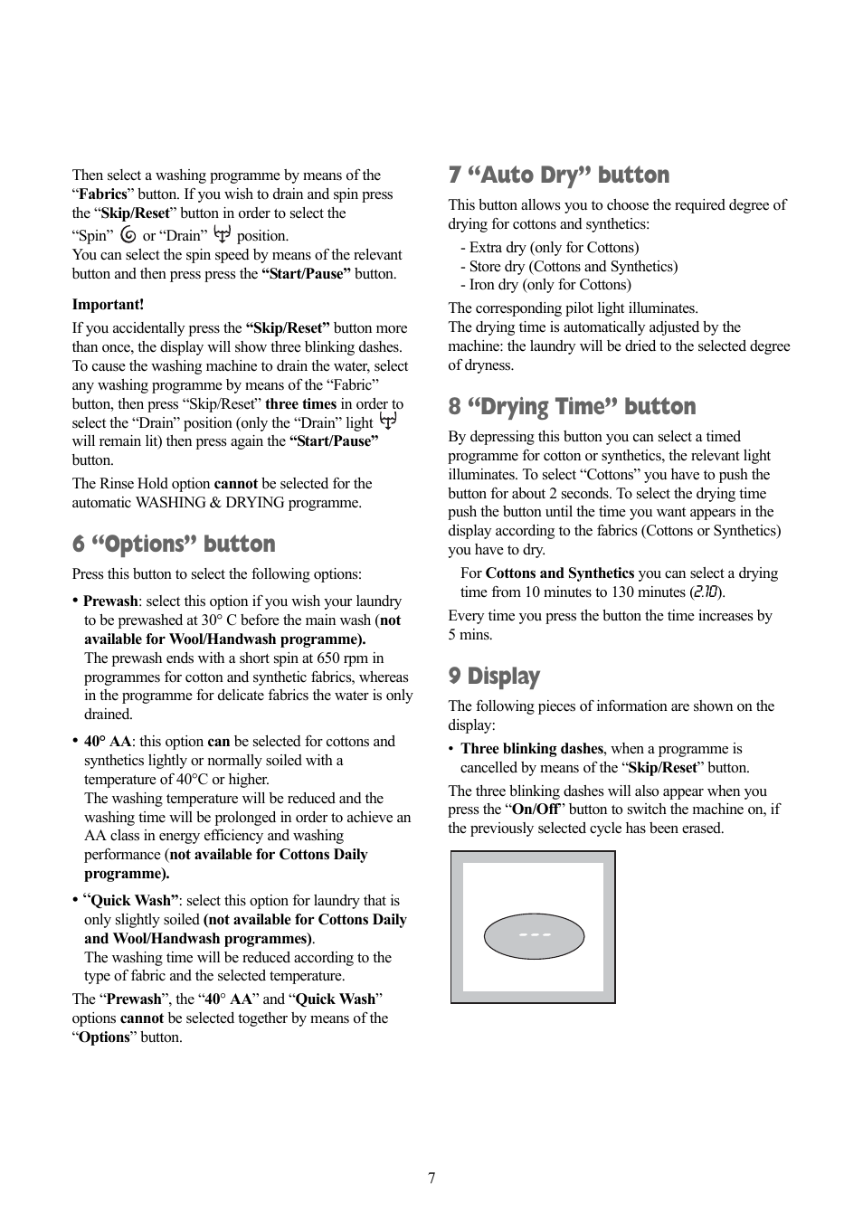 6 “options” button, 7 “auto dry” button, 8 “drying time” button | 9 display | Zanussi ZWD 1251 W User Manual | Page 7 / 30