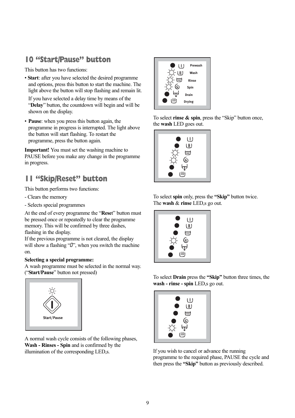 10 “start/pause” button, 11 “skip/reset” button | Zanussi ZWD 1251 W User Manual | Page 9 / 30