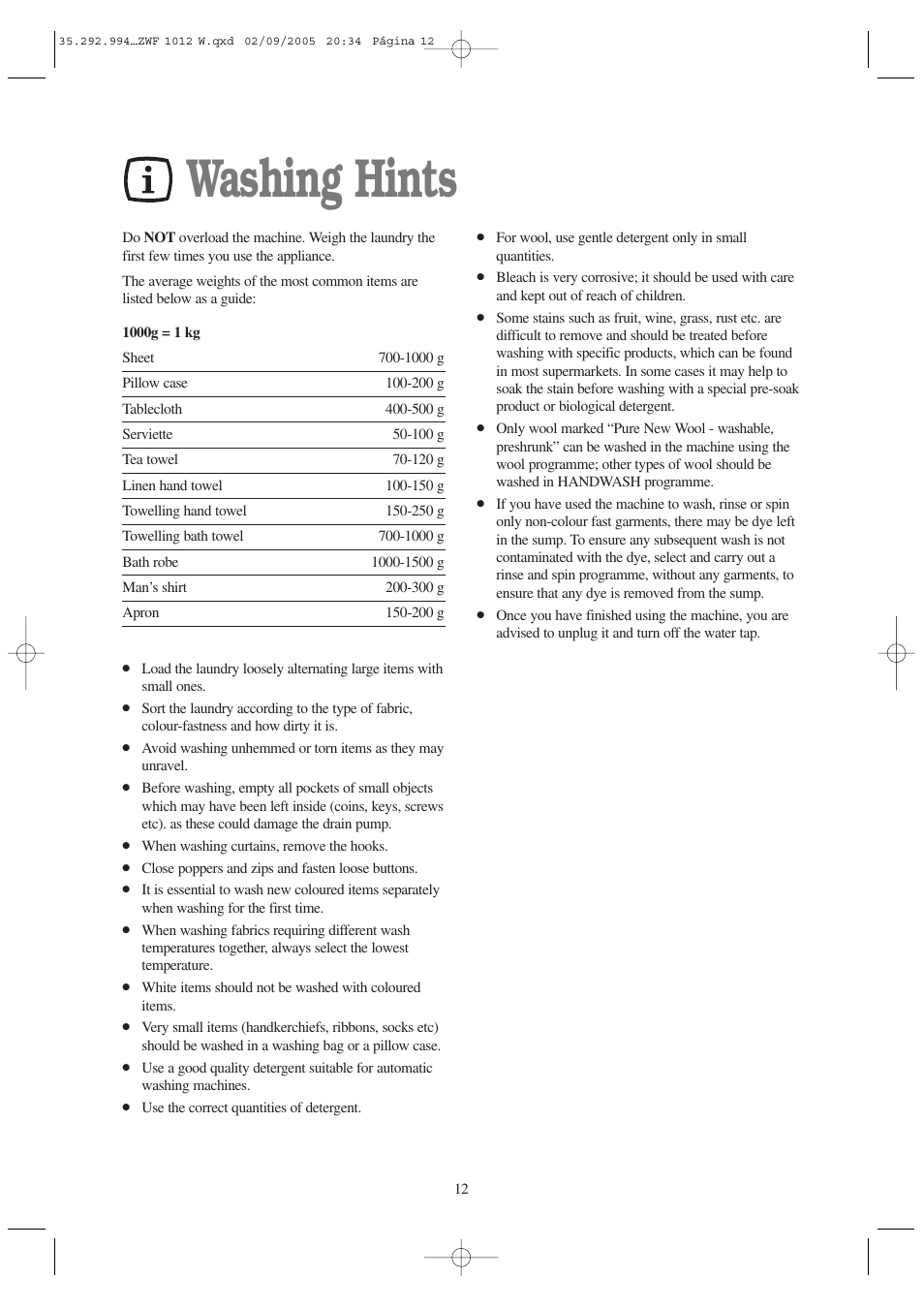 Washing hints | Zanussi ZWF 1012 W User Manual | Page 12 / 28