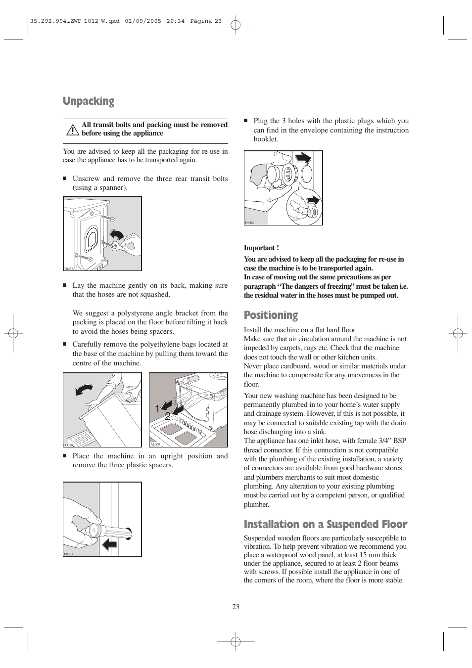 Positioning, Installation on a suspended floor, Unpacking | Zanussi ZWF 1012 W User Manual | Page 23 / 28