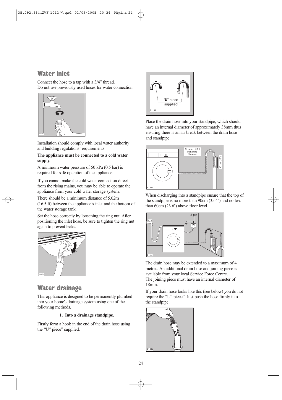 Water inlet, Water drainage | Zanussi ZWF 1012 W User Manual | Page 24 / 28