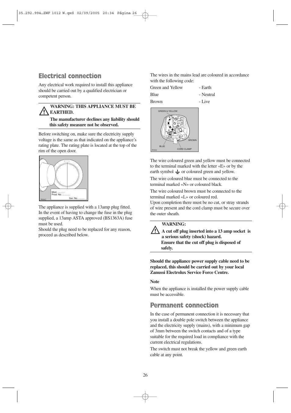 Electrical connection, Permanent connection | Zanussi ZWF 1012 W User Manual | Page 26 / 28