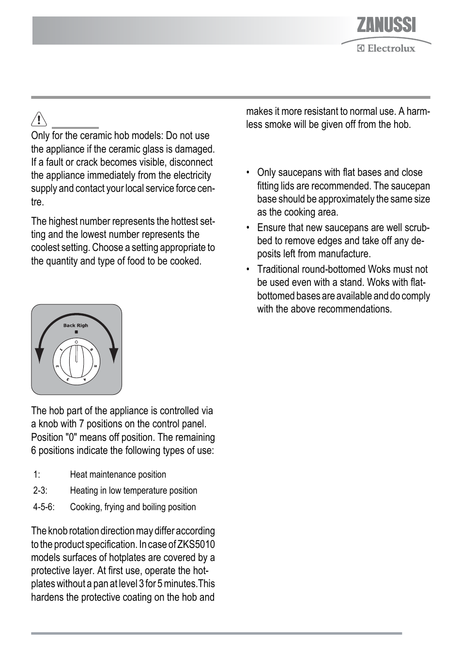 The hob, Using the hob, Recommended saucepans | Zanussi ZKC5020 User Manual | Page 11 / 36