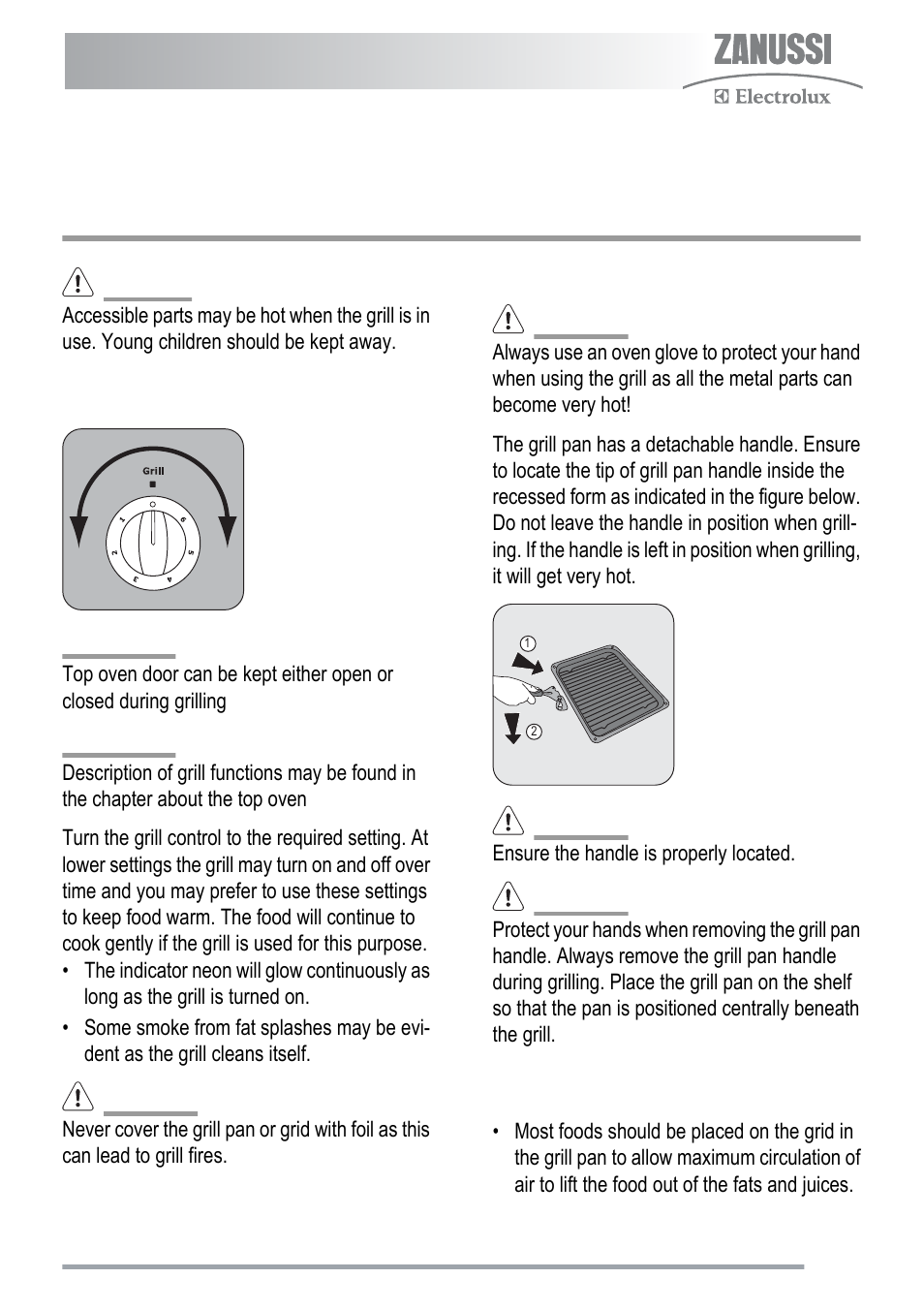 Using the grill, The grill pan and handle, Hints and tips | Zanussi ZKC5020 User Manual | Page 13 / 36