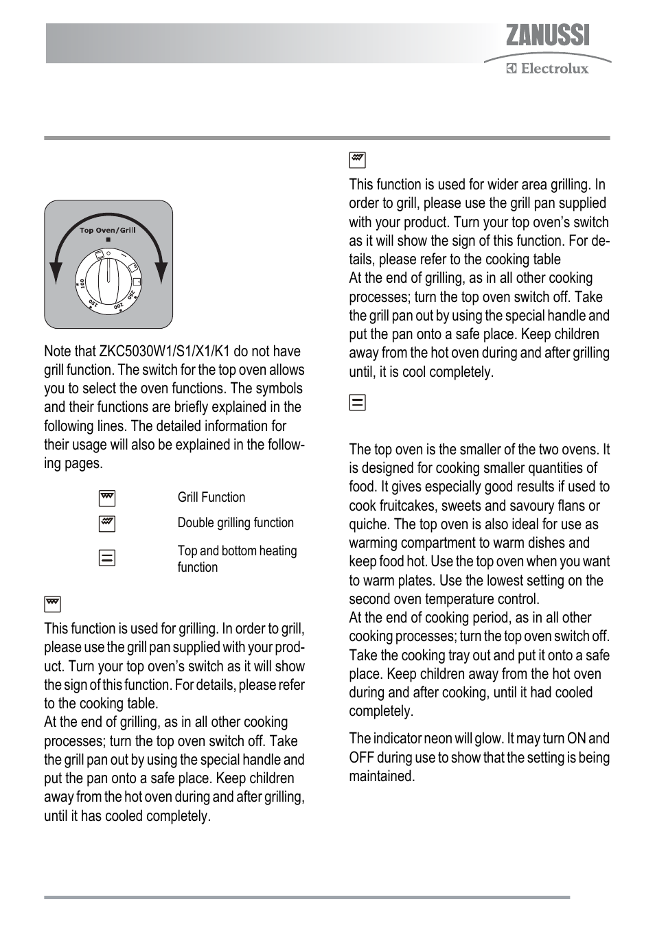 Using the top oven | Zanussi ZKC5020 User Manual | Page 15 / 36