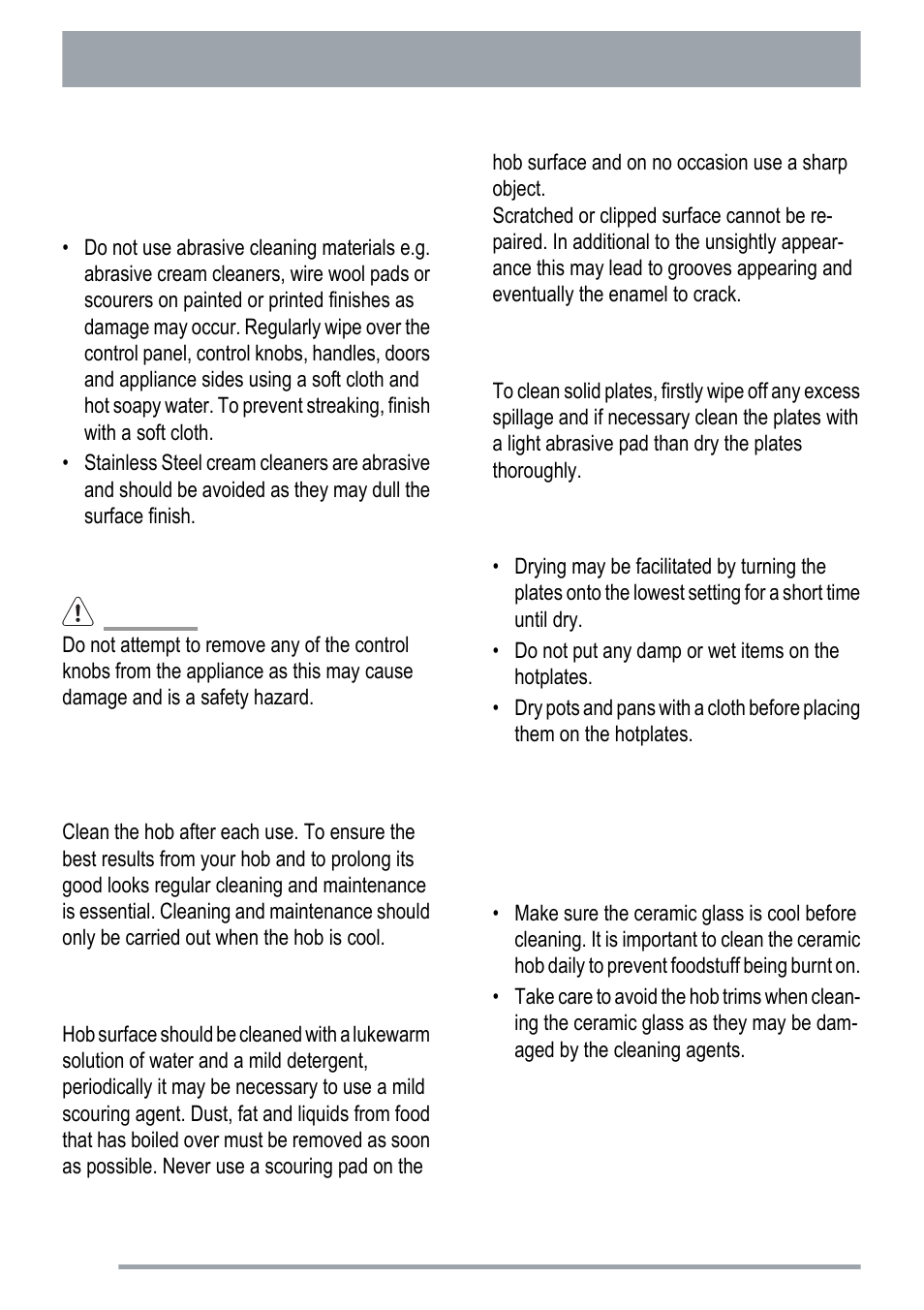 Cleaning the outside of the appliance, Cleaning the solid hob (zks5010 ), Hob surface | Plates, General information | Zanussi ZKC5020 User Manual | Page 22 / 36