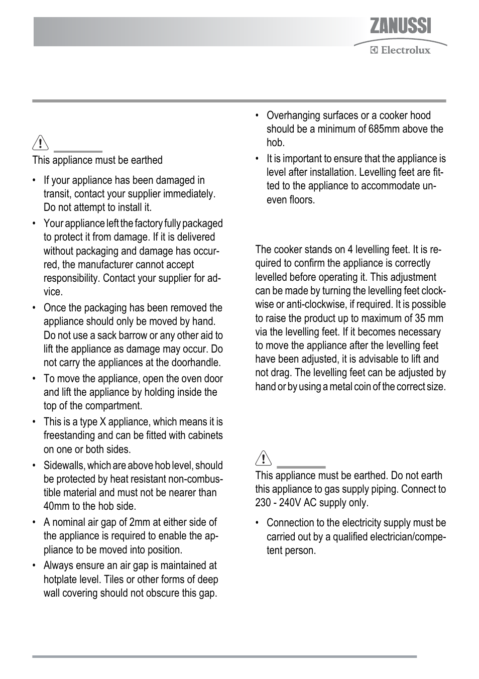 Installation, Installation instructions, Adjustment of levelling feet | Connecting to the electricity supply | Zanussi ZKC5020 User Manual | Page 27 / 36