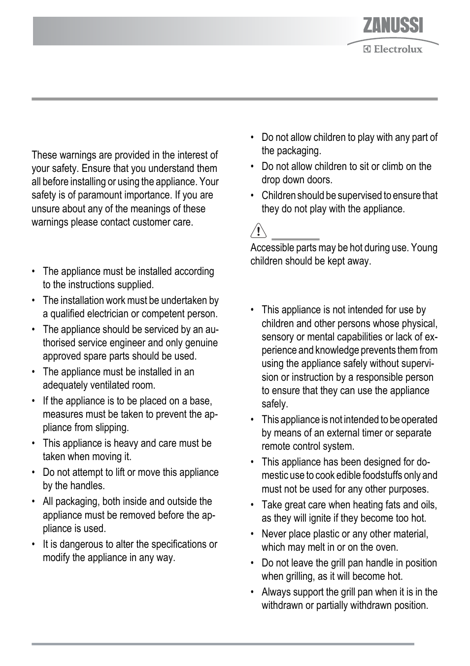 Safety instructions, General safety, Installation | Child safety, During use | Zanussi ZKC5020 User Manual | Page 3 / 36