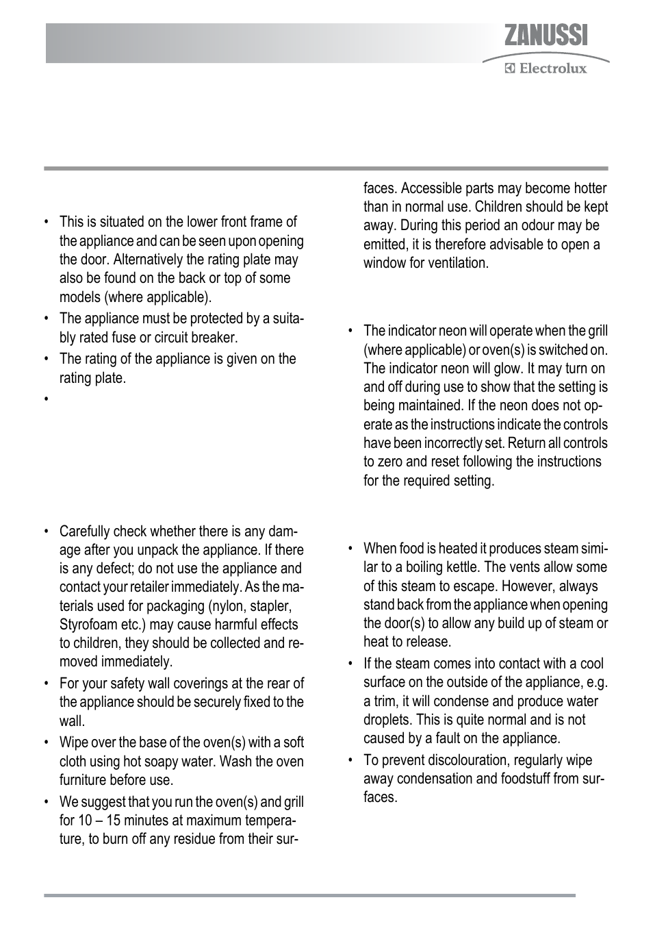Before first use, Rating plate, Preparing to use your appliance | Control panel indicator neon(s), Condensation and steam | Zanussi ZKC5020 User Manual | Page 7 / 36