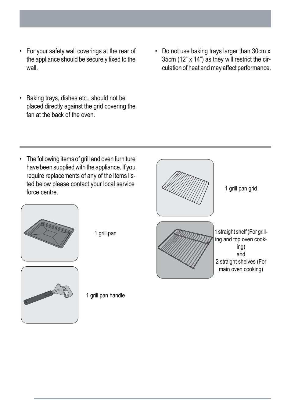 Grill and oven furniture, Cookware | Zanussi ZKC5020 User Manual | Page 8 / 36