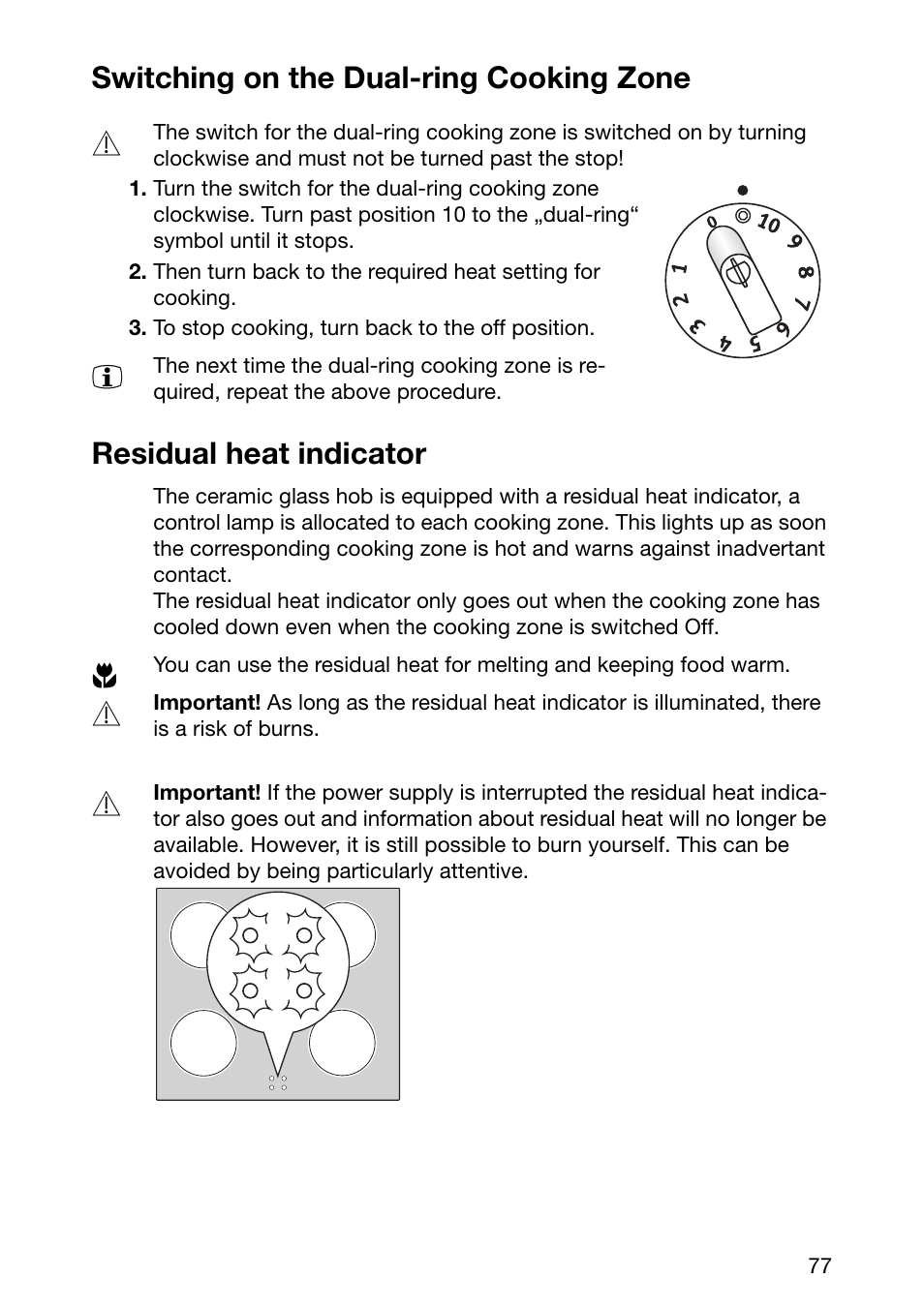 Switching on the dual-ring cooking zone, Residual heat indicator | Zanussi ZKF 661 LN User Manual | Page 11 / 26