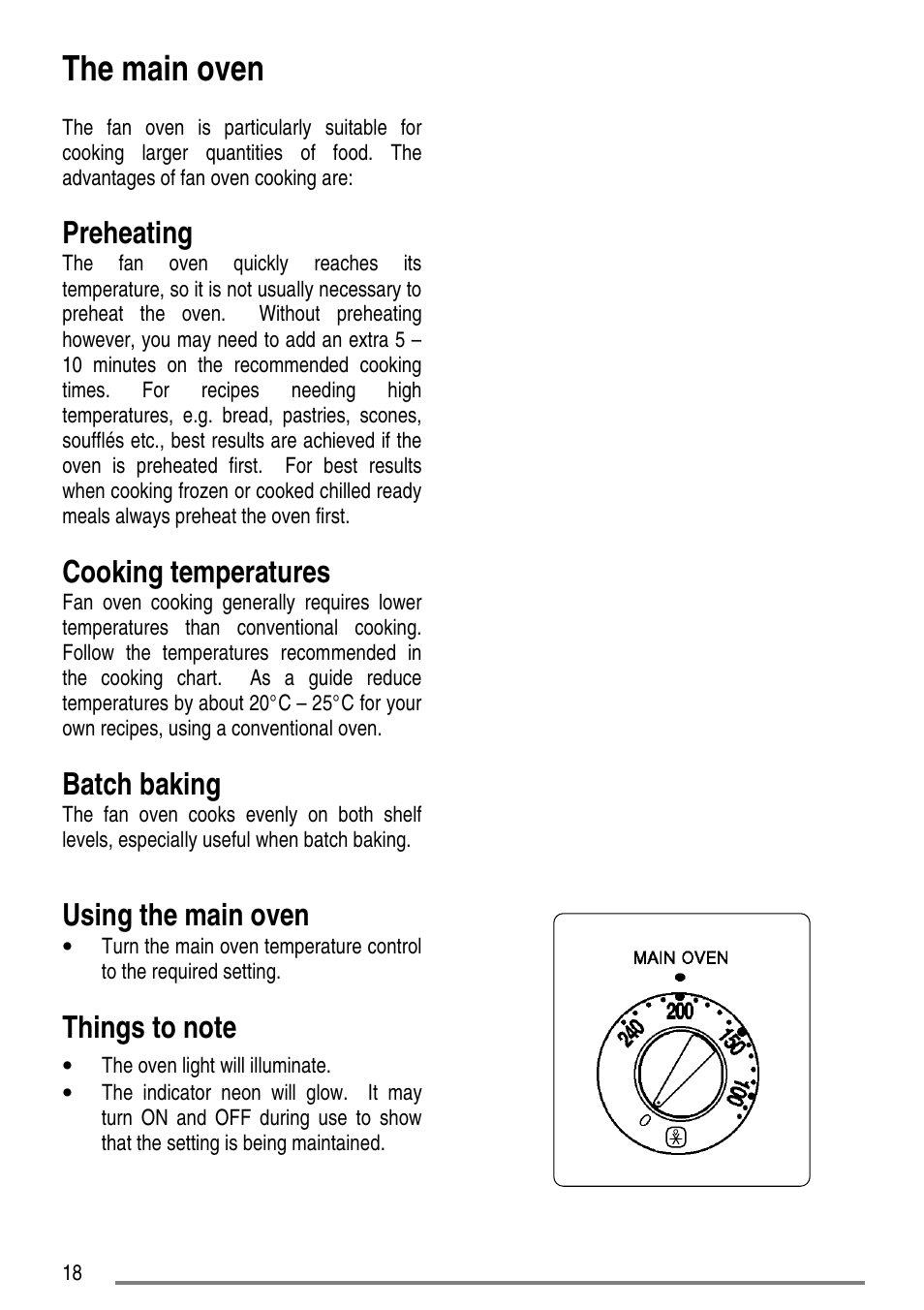 The main oven, Preheating, Cooking temperatures | Batch baking, Using the main oven | Zanussi ZCE7610 User Manual | Page 18 / 36