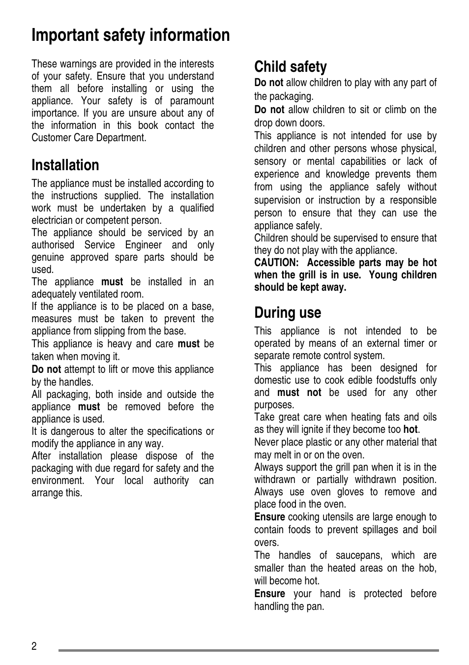 Important safety information, Installation, Child safety | During use | Zanussi ZCE7610 User Manual | Page 2 / 36