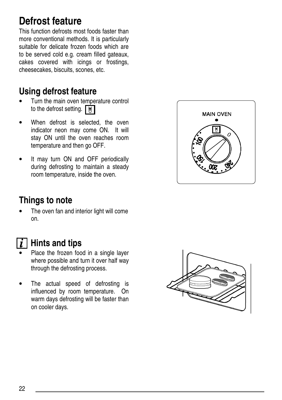 Defrost feature, Using defrost feature, Hints and tips | Zanussi ZCE7610 User Manual | Page 22 / 36