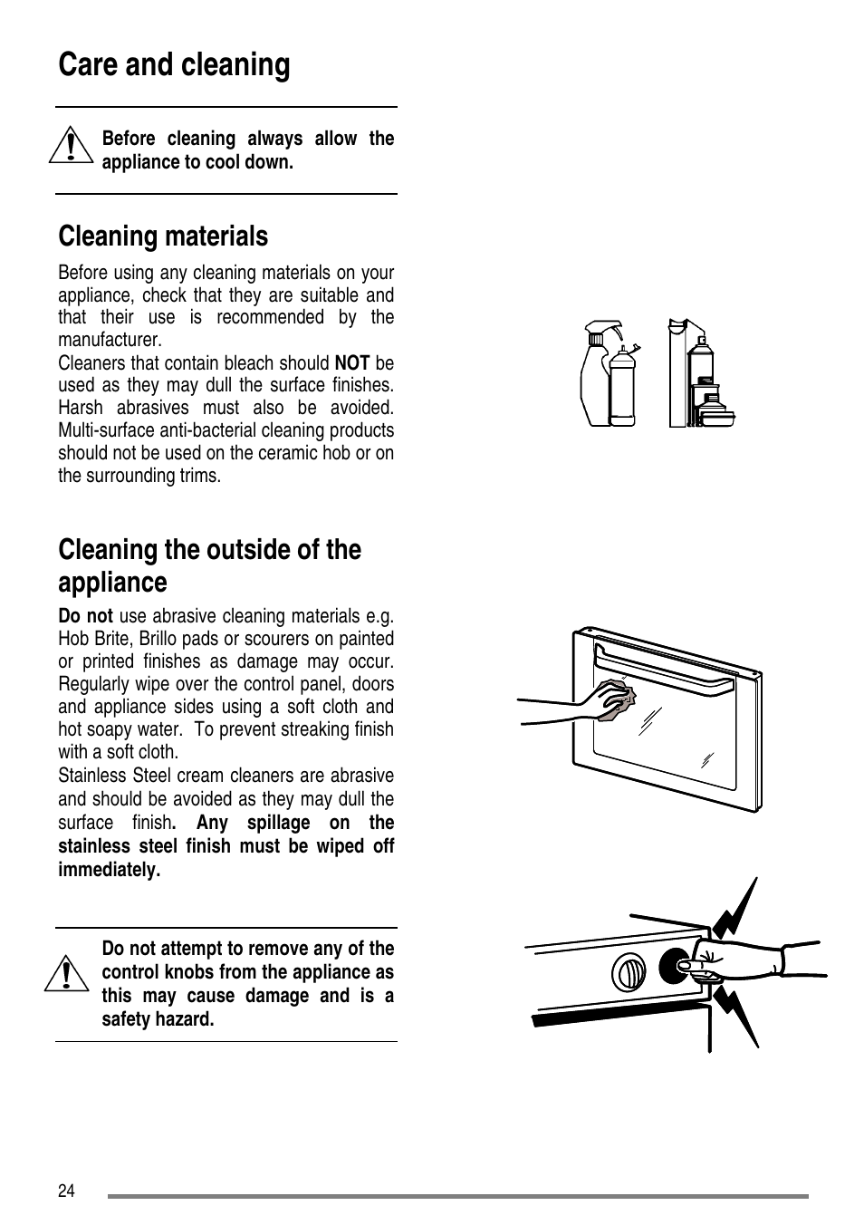 Care and cleaning, Cleaning materials, Cleaning the outside of the appliance | Zanussi ZCE7610 User Manual | Page 24 / 36