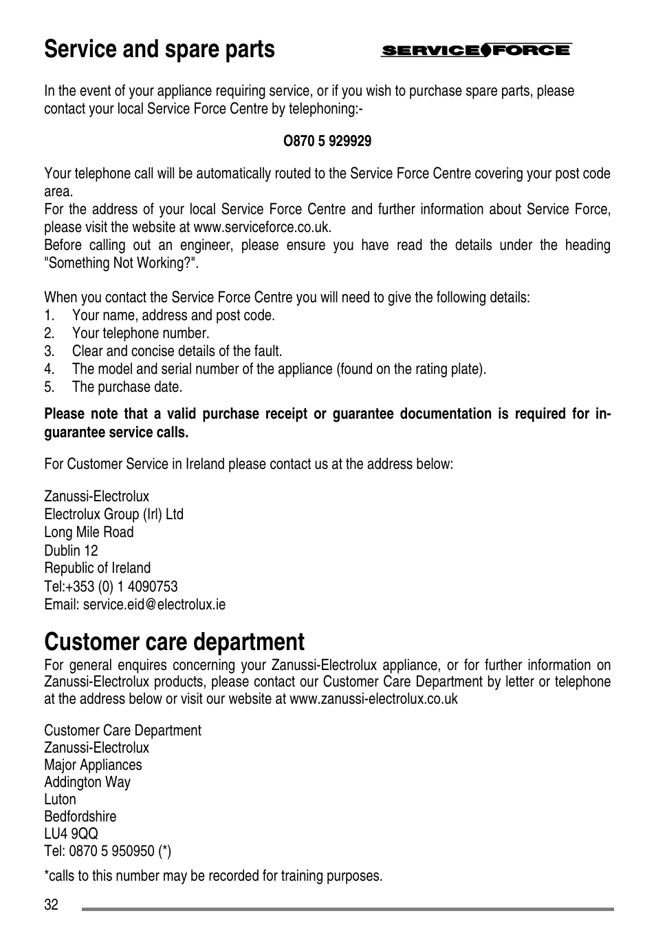 Service and spare parts, Customer care department | Zanussi ZCE7610 User Manual | Page 32 / 36