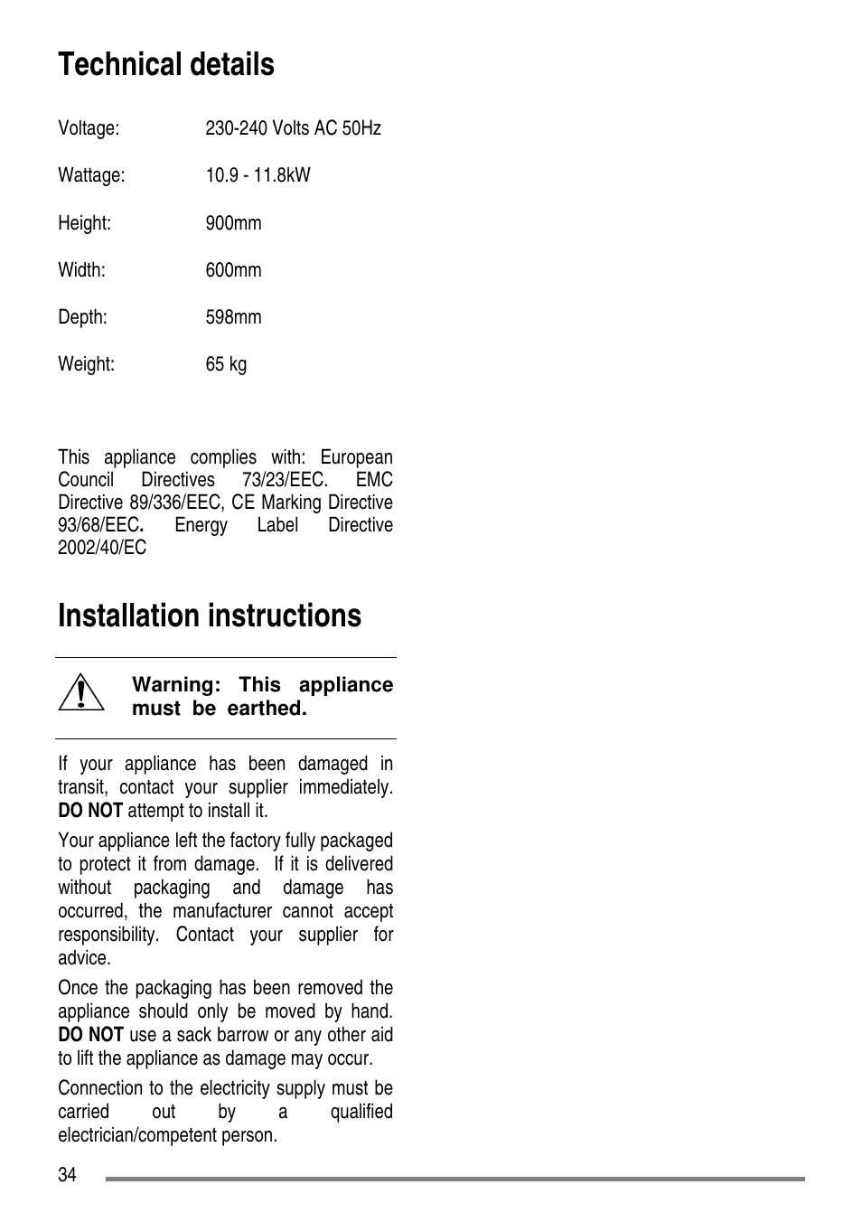 Technical details, Installation instructions | Zanussi ZCE7610 User Manual | Page 34 / 36