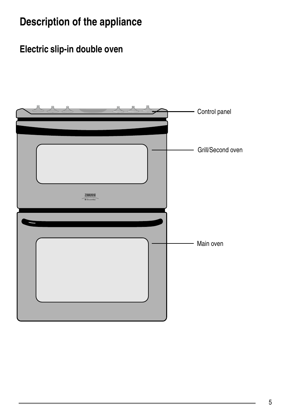 Description of the appliance, Electric, Slip-in double oven | Zanussi ZCE7610 User Manual | Page 5 / 36