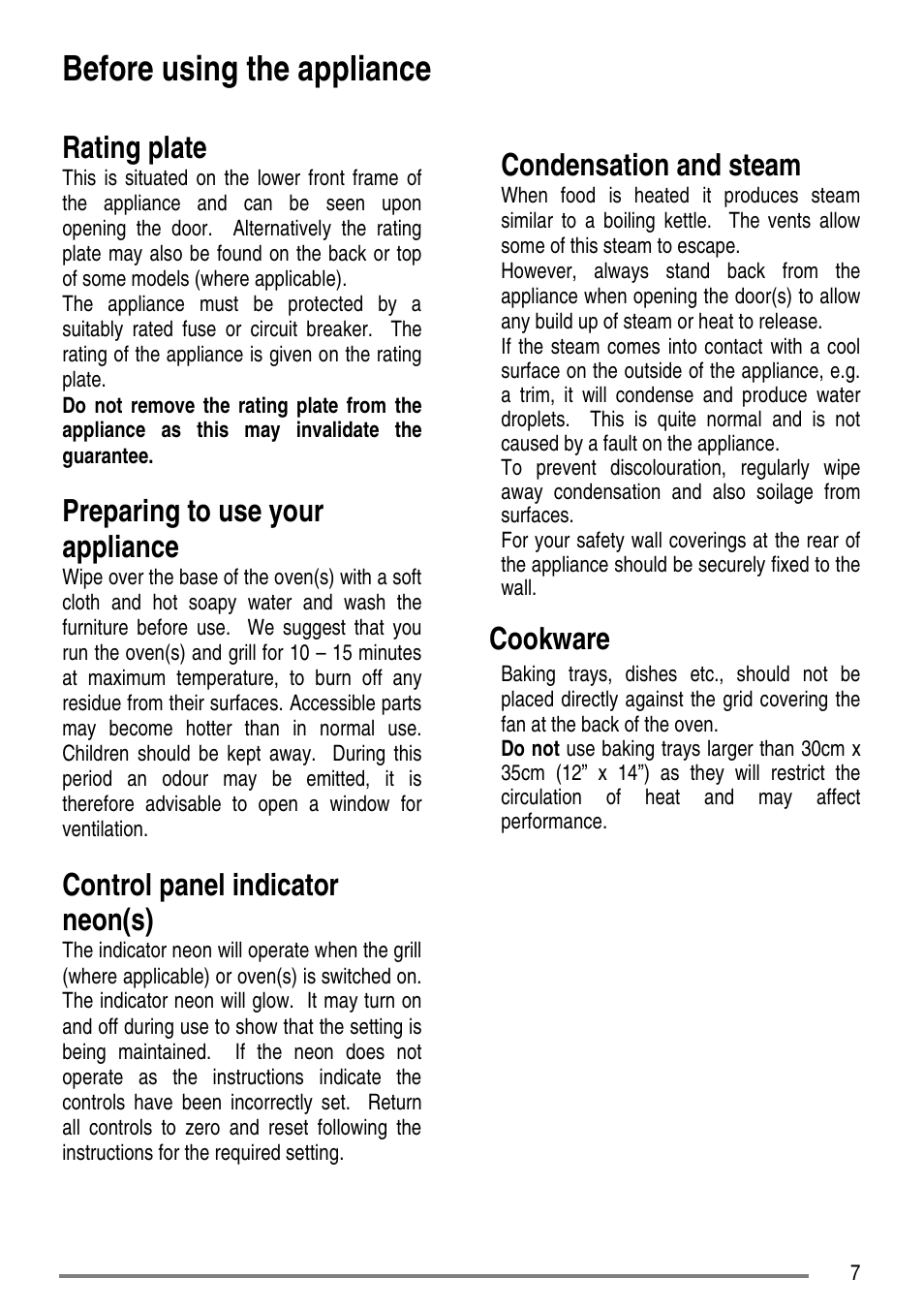 Before using the appliance, Rating plate, Preparing to use your appliance | Control panel indicator neon(s), Condensation and steam, Cookware | Zanussi ZCE7610 User Manual | Page 7 / 36