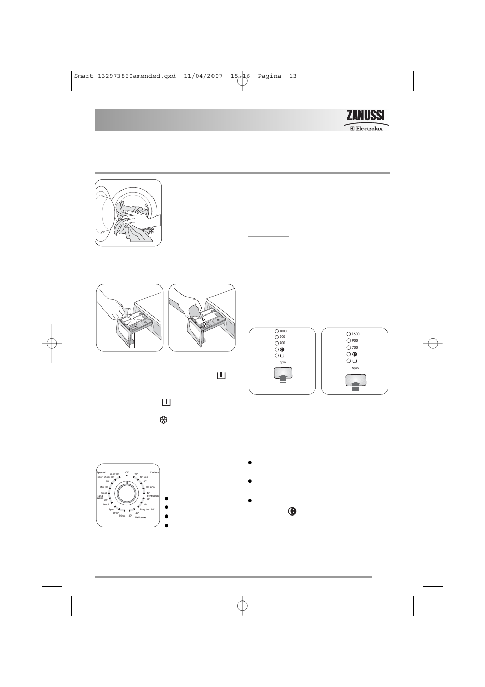 Operating sequence, Cottons, Synthetics | Delicates | Zanussi 132973860 User Manual | Page 13 / 32