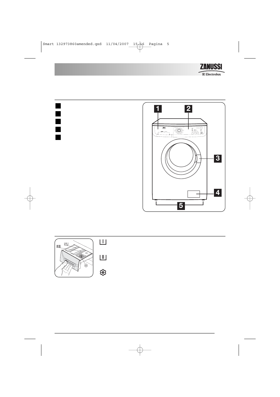 Description of the appliance, Detergent dispenser drawer | Zanussi 132973860 User Manual | Page 5 / 32