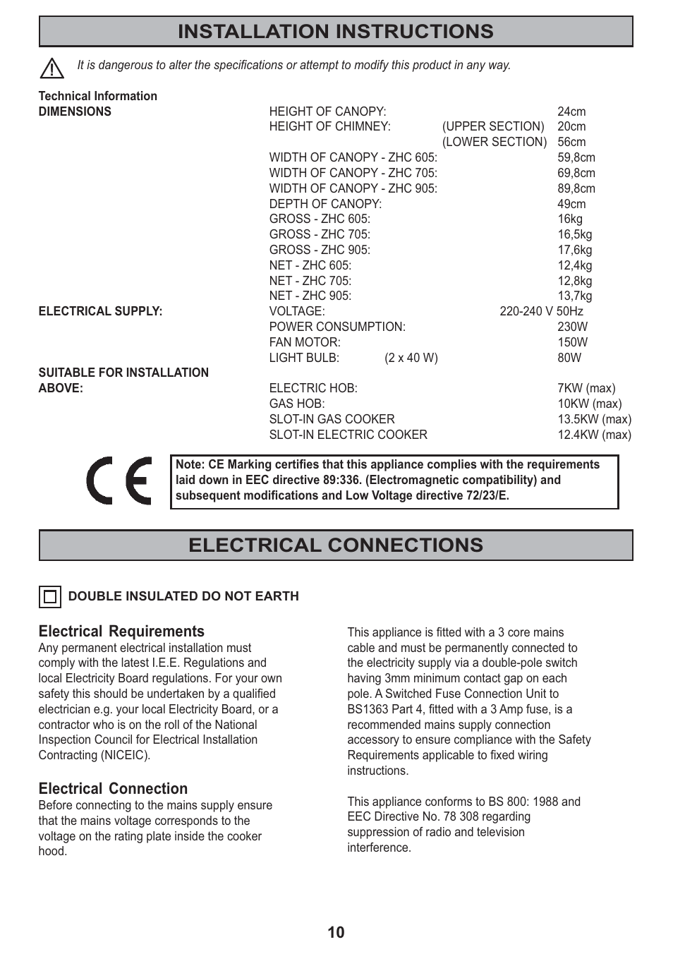 Installation instructions, Electrical connections, Electrical requirements | Electrical connection | Zanussi ZHC705 User Manual | Page 10 / 16