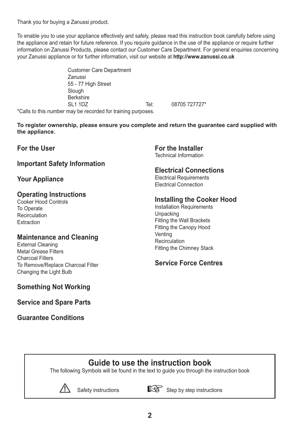 Guide to use the instruction book | Zanussi ZHC705 User Manual | Page 2 / 16