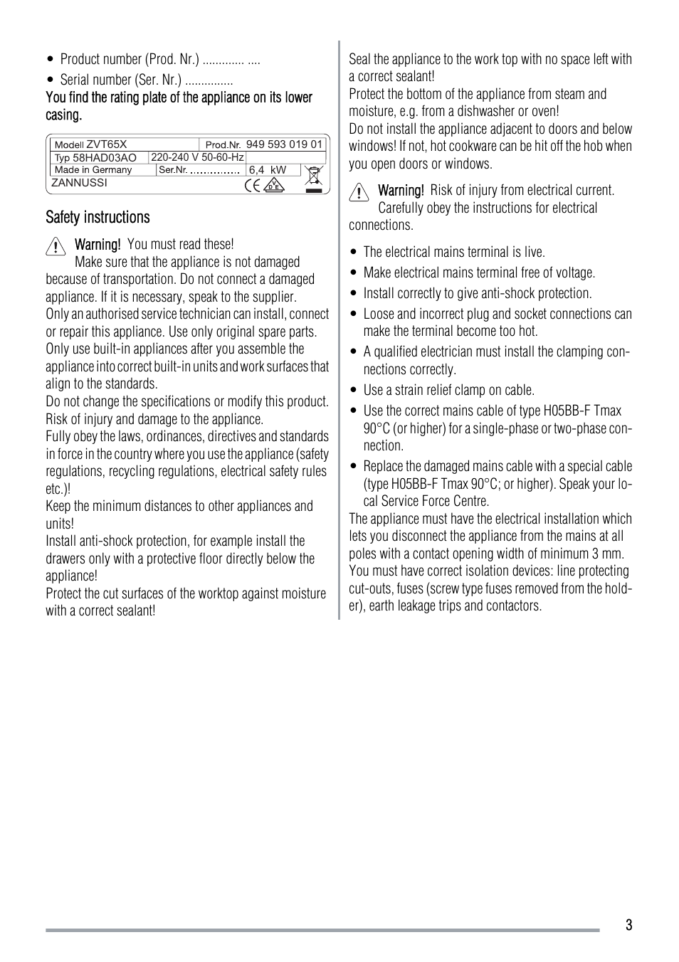 Zanussi ZVT65X User Manual | Page 3 / 12