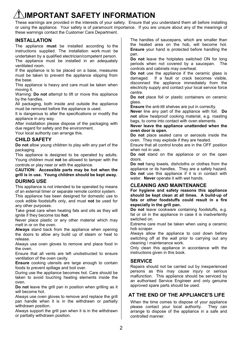 Important safety information | Zanussi ZCE 5001 User Manual | Page 2 / 32