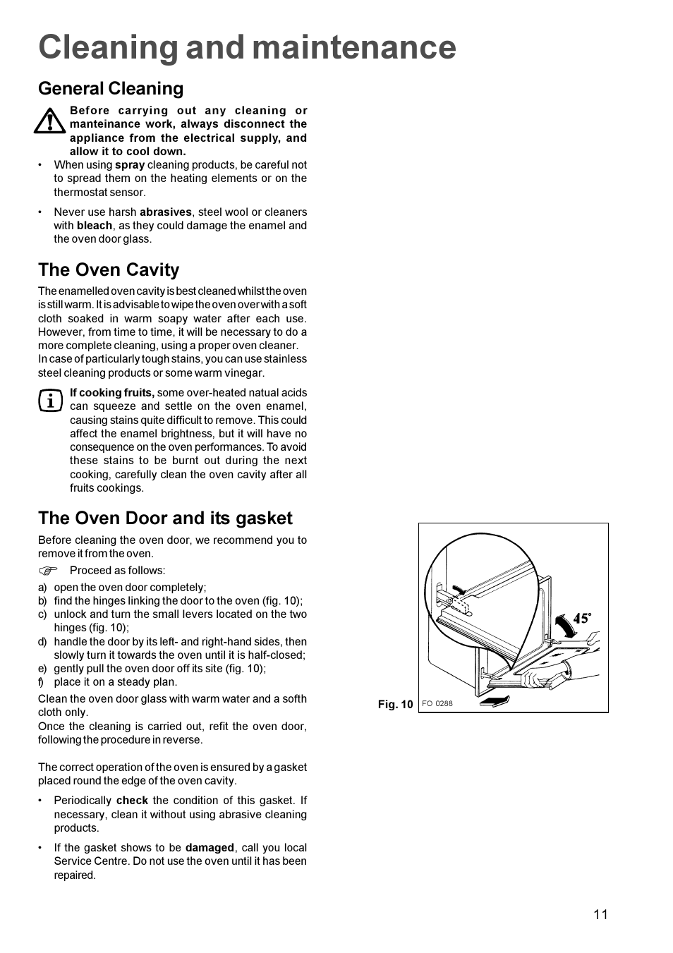 Cleaning and maintenance, General cleaning, The oven cavity | The oven door and its gasket | Zanussi BMF 849 User Manual | Page 11 / 16