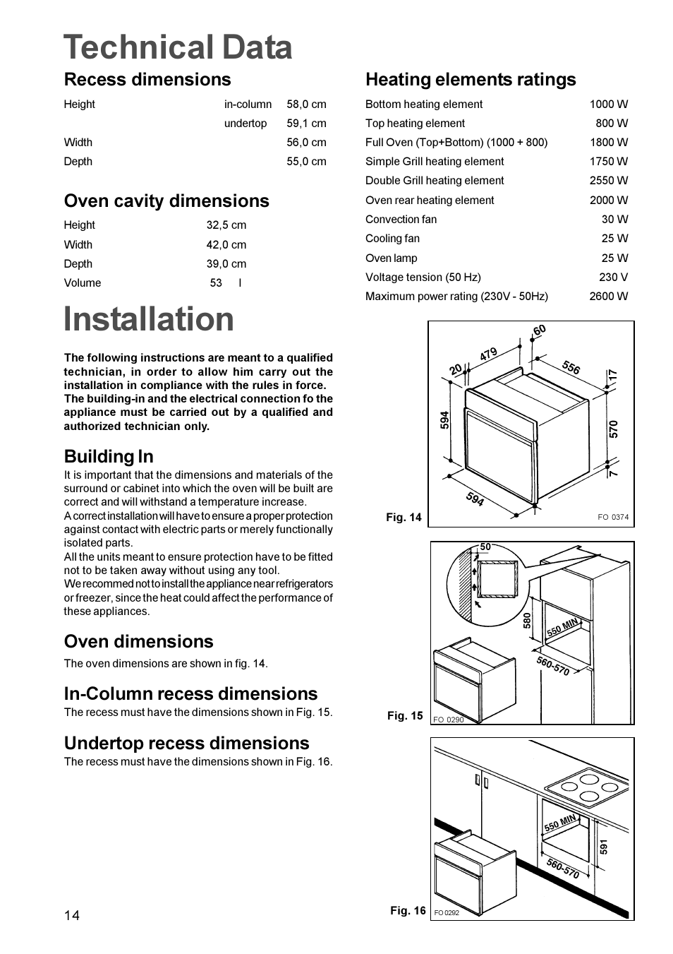 Technical data, Installation, Recess dimensions | Oven cavity dimensions, Building in, Oven dimensions, In-column recess dimensions, Undertop recess dimensions, Heating elements ratings | Zanussi BMF 849 User Manual | Page 14 / 16