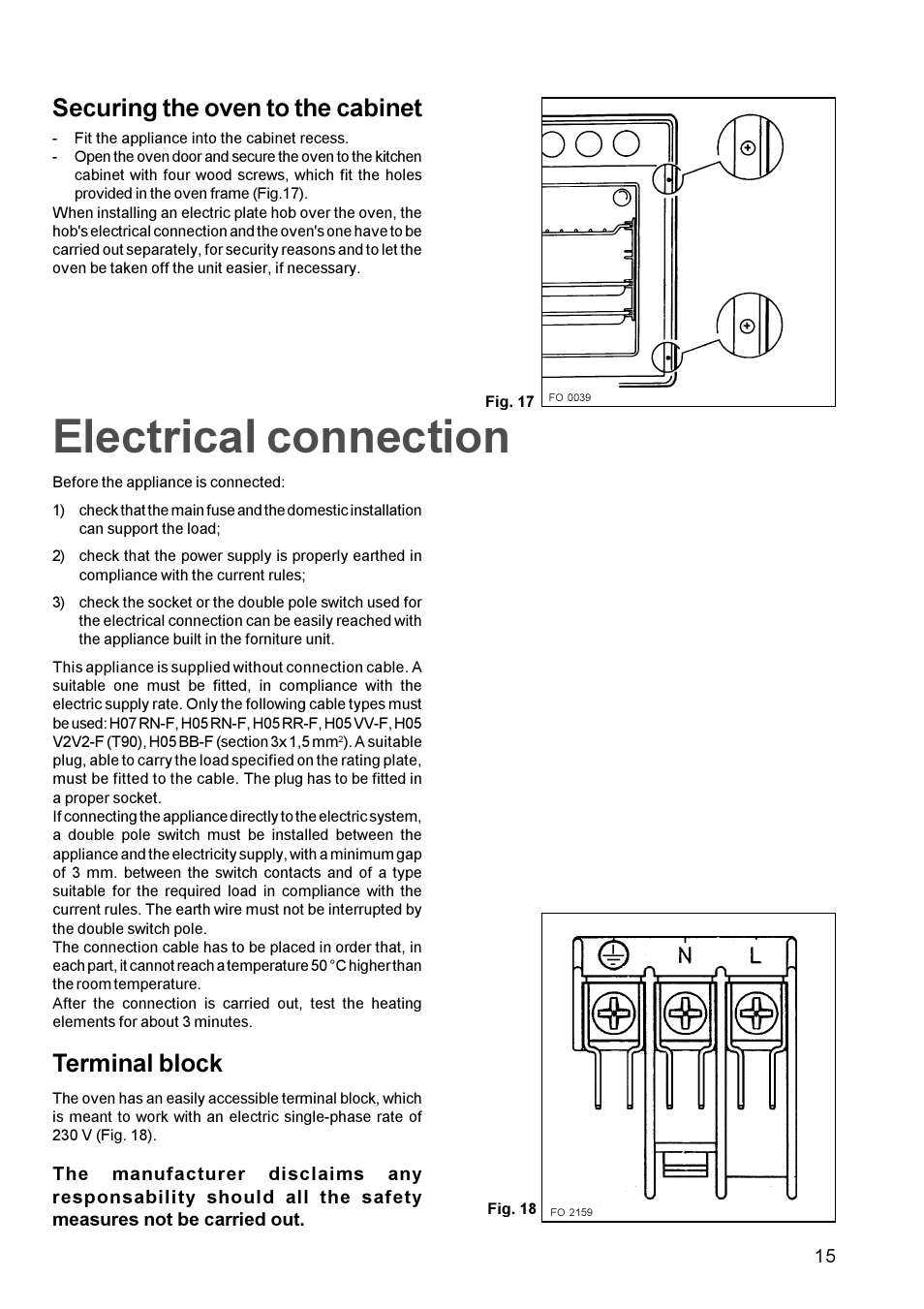 Electrical connection, Securing the oven to the cabinet, Terminal block | Zanussi BMF 849 User Manual | Page 15 / 16