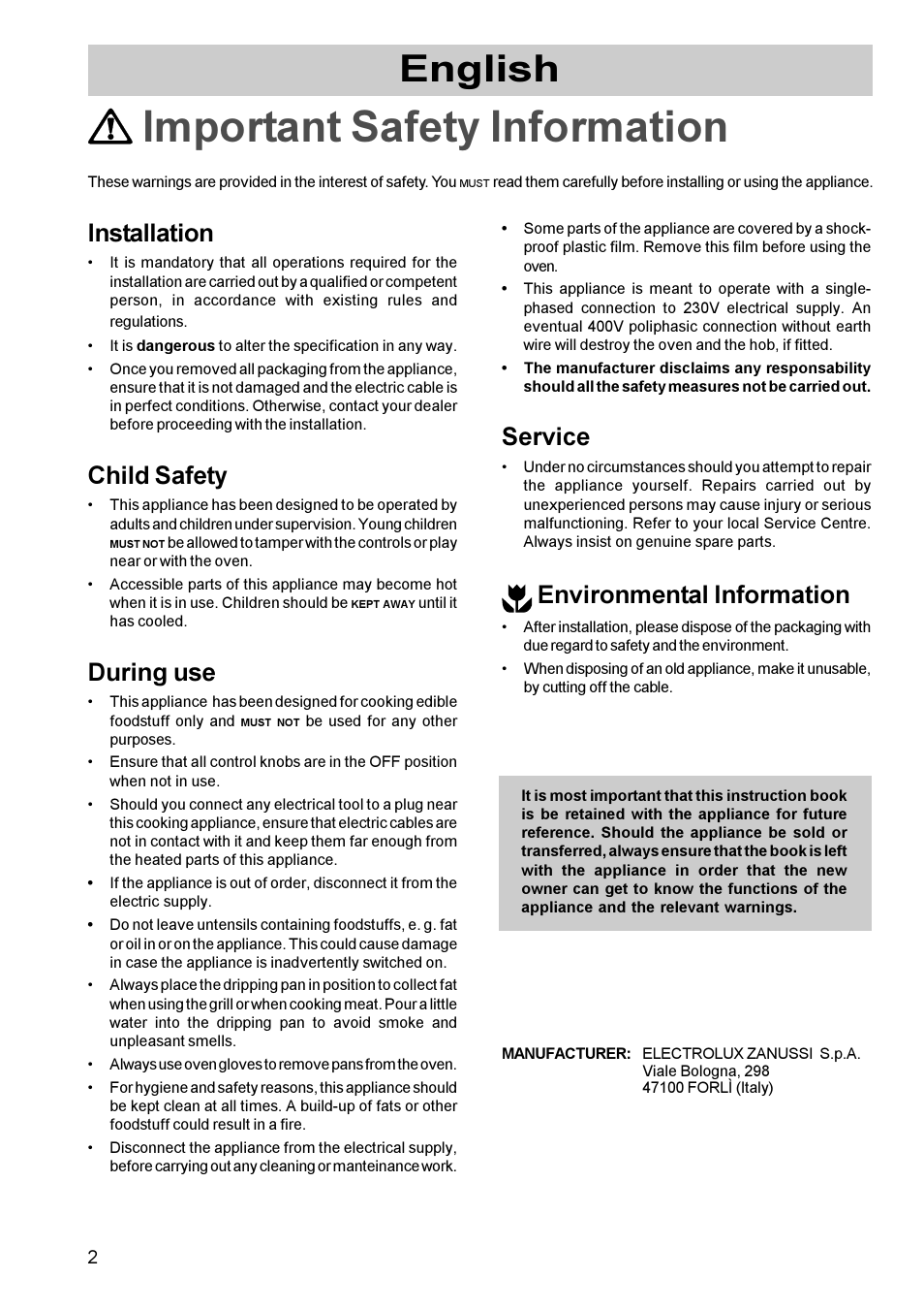 Important safety information, English, Installation | Child safety, During use, Service, Environmental information | Zanussi BMF 849 User Manual | Page 2 / 16