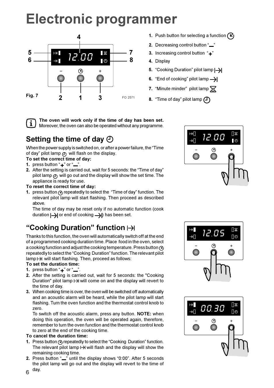 Electronic programmer, Setting the time of day, Cooking duration function | Zanussi BMF 849 User Manual | Page 6 / 16