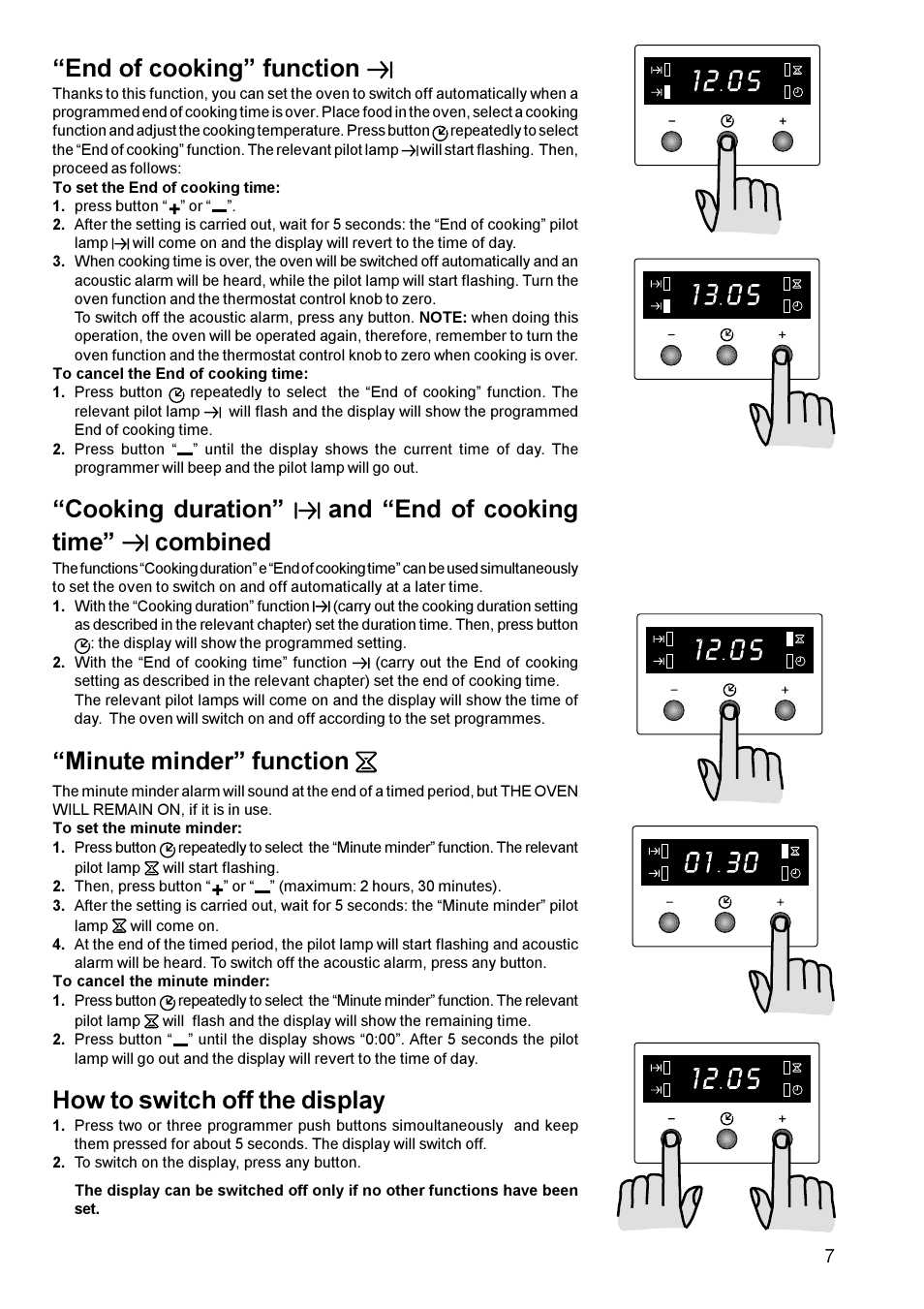 End of cooking function, Cooking duration, And end of cooking time combined | Minute minder function, How to switch off the display | Zanussi BMF 849 User Manual | Page 7 / 16